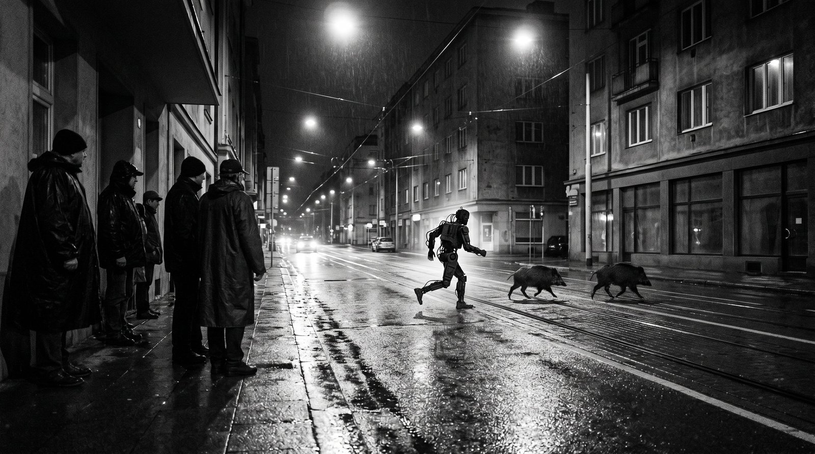 Un robot humanoïde poursuit des sangliers dans les rues de Varsovie